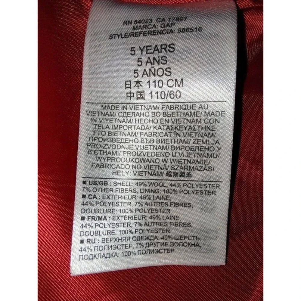 NWT Baby Gap Girls Red Wool Blend Hooded Coat Toggle Buttons Toddler Size 5T